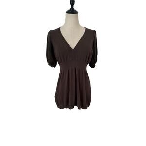 Vtg BCBG Max Azria Babydoll Top Silk Cotton Blend Puff Sleeve Sz M Knit Brown‎
